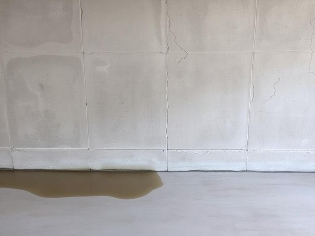 A residential basement concrete foundation wall with faint water seepage along the floor joint