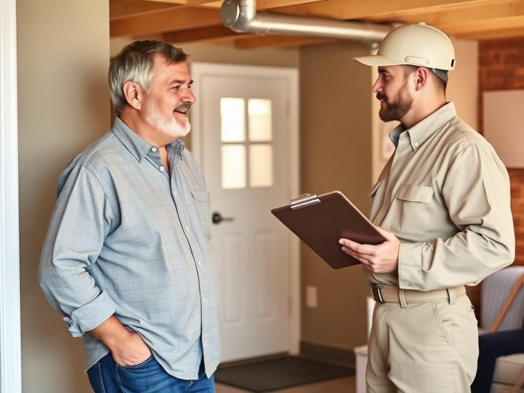 A homeowner speaking with a service professional in a residential basement